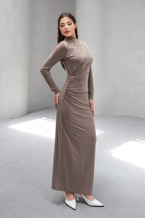 Bej Hakim Yaka Drape Detaylı Astarlı Uzun Elbise