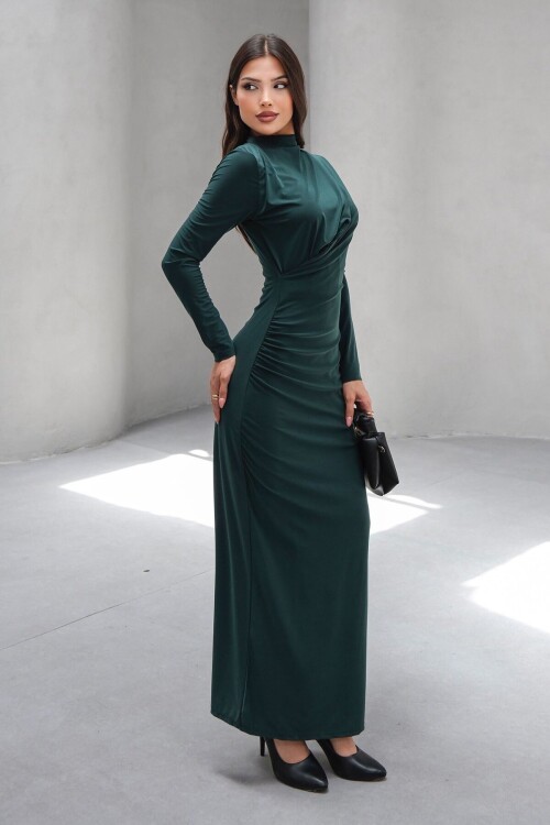 Zümrüt Yeşili Hakim Yaka Drape Detaylı Astarlı Uzun Elbise