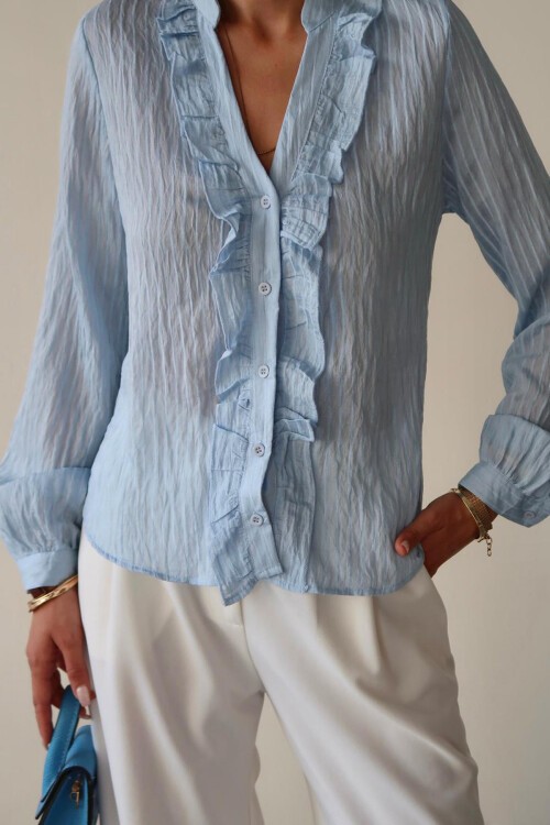 Mavi Hakim Yaka Önü Fırfırlı Gömlek