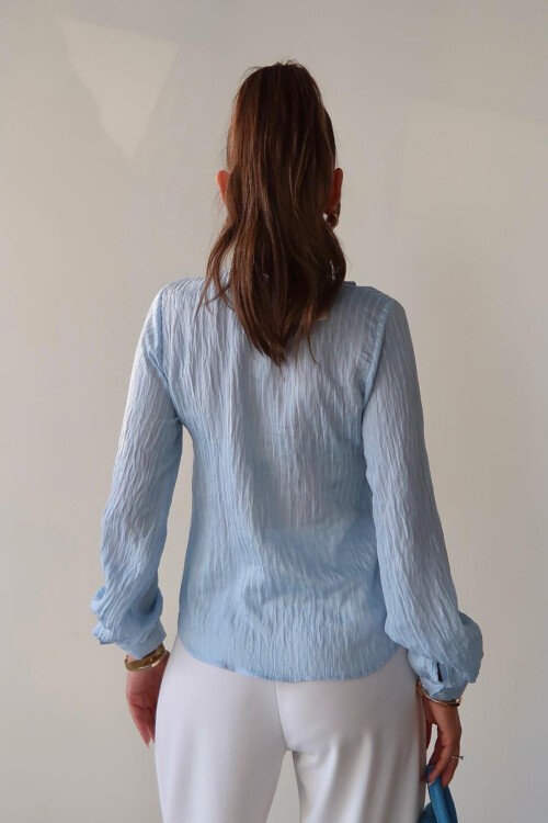 Mavi Hakim Yaka Önü Fırfırlı Gömlek