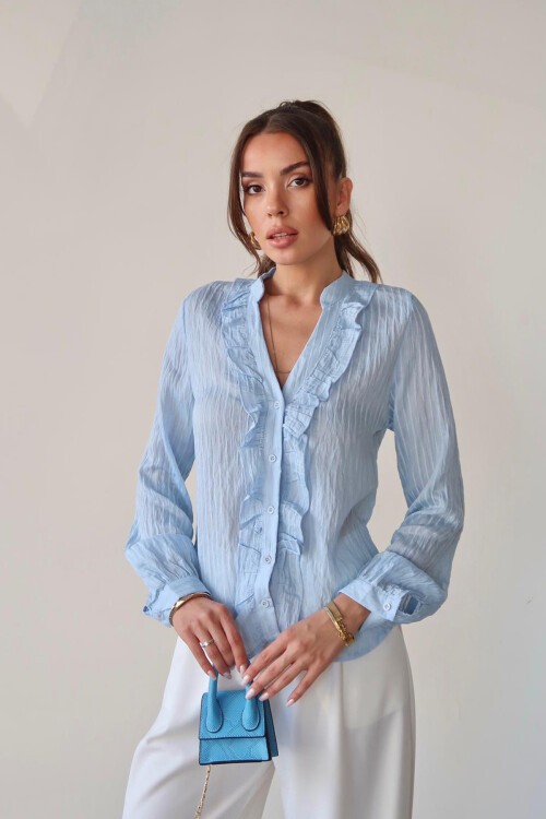 Mavi Hakim Yaka Önü Fırfırlı Gömlek