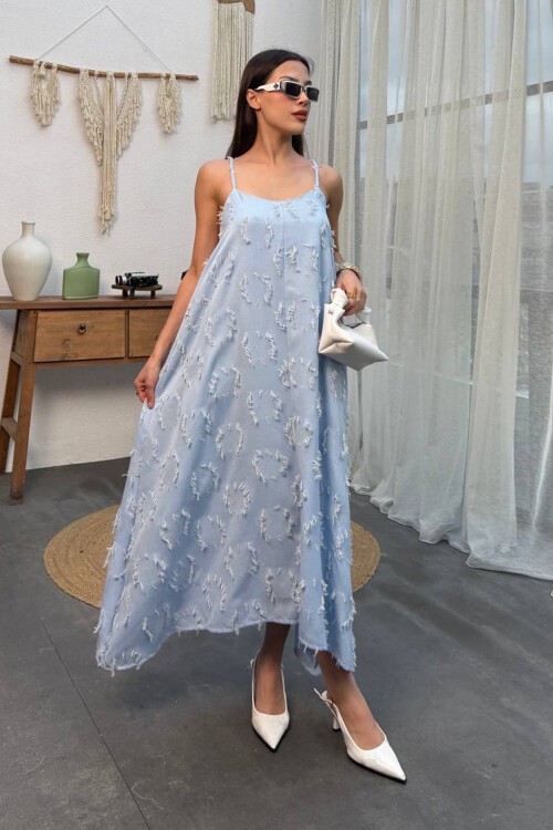 Bebe Mavi İnce Askılı Dokulu A Kesim Salaş Elbise