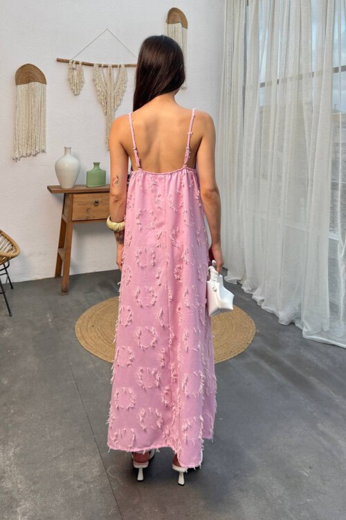Pembe İnce Askılı Dokulu A Kesim Salaş Elbise