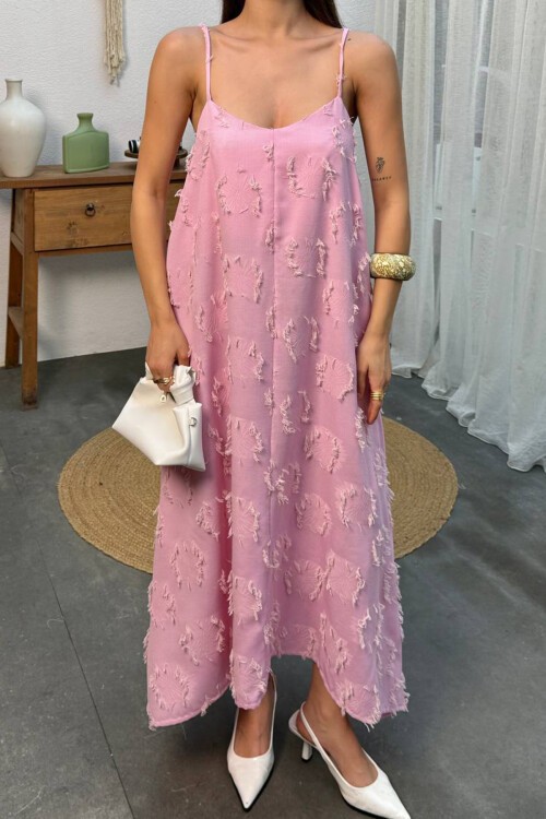 Pembe İnce Askılı Dokulu A Kesim Salaş Elbise