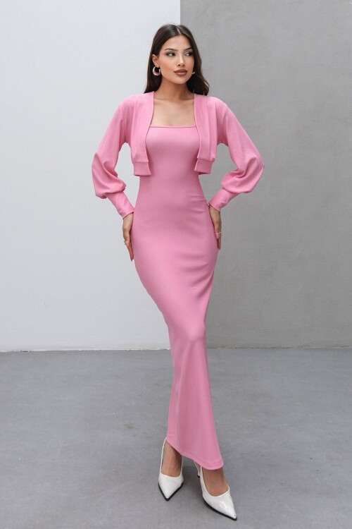 Pembe İnce Askılı Yırtmaç Detaylı Uzun Elbise Ve Hırka İkili Takım