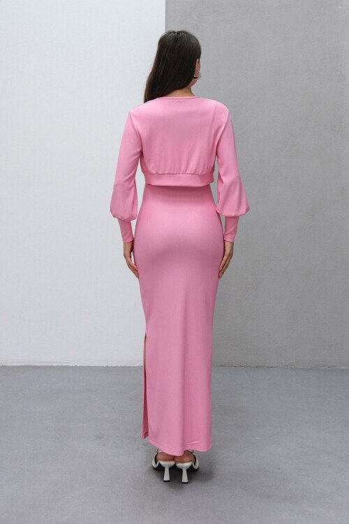 Pembe İnce Askılı Yırtmaç Detaylı Uzun Elbise Ve Hırka İkili Takım
