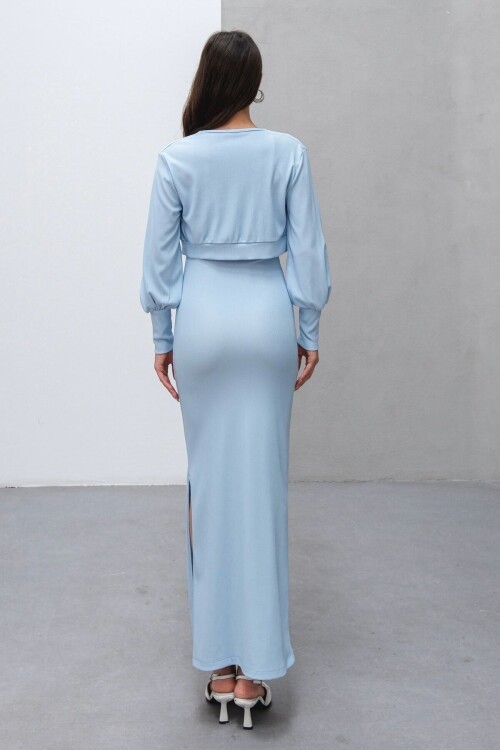 Mavi İnce Askılı Yırtmaç Detaylı Uzun Elbise Ve Hırka İkili Takım