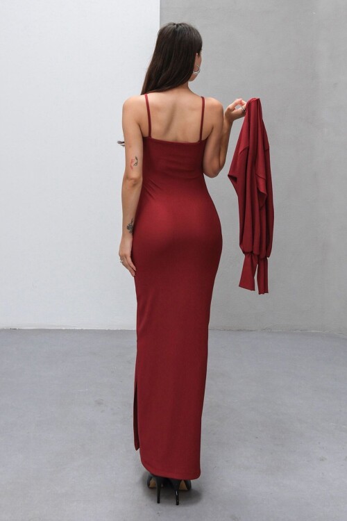 Bordo İnce Askılı Yırtmaç Detaylı Uzun Elbise Ve Hırka İkili Takım