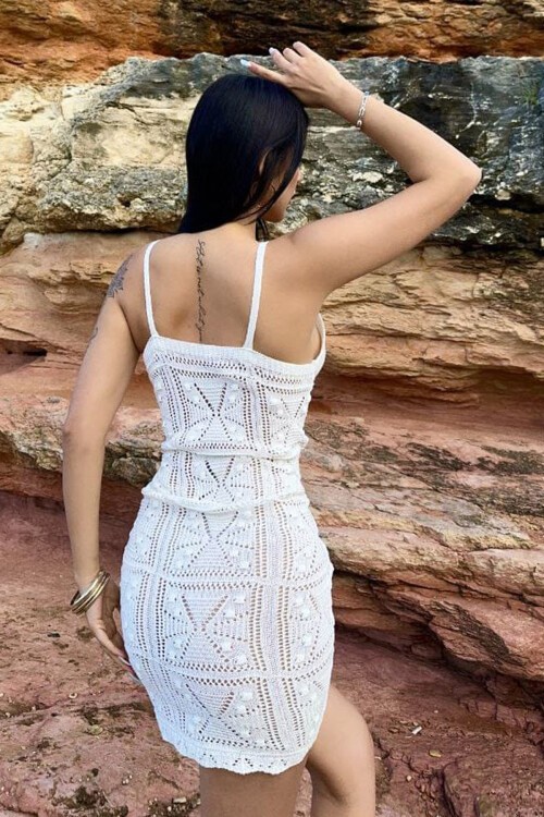 Beyaz İnce İp Askılı Ajurlu Mini Triko Elbise