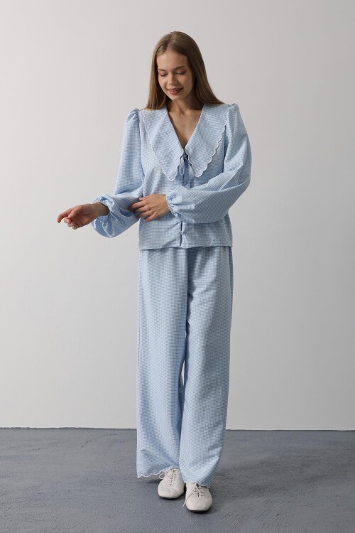 Bebe Mavisi Uzun Kol Bağlamalı Gömlek Ve Pantolon
