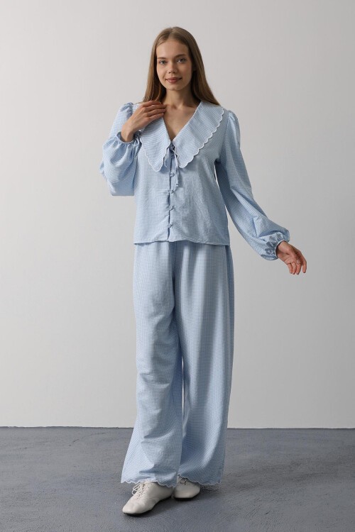 Bebe Mavisi Uzun Kol Bağlamalı Gömlek Ve Pantolon