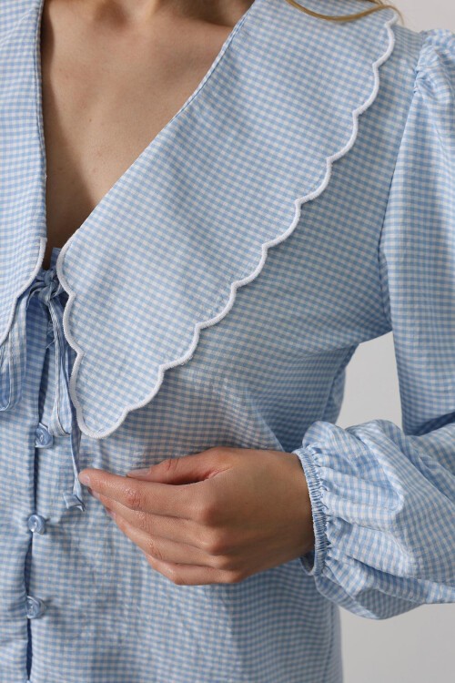 Bebe Mavisi Uzun Kol Bağlamalı Gömlek Ve Pantolon