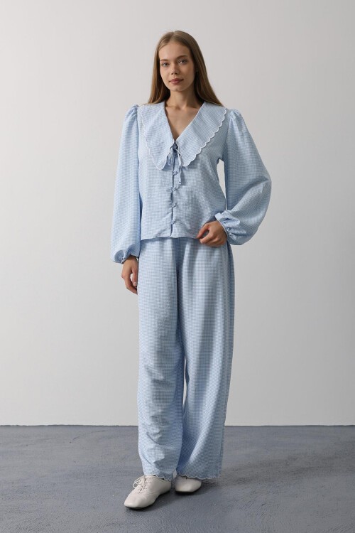 Bebe Mavisi Uzun Kol Bağlamalı Gömlek Ve Pantolon