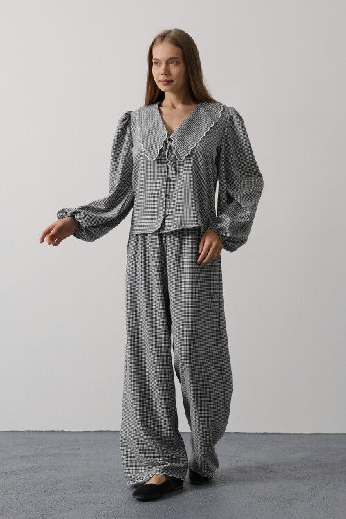 Siyah Uzun Kol Bağlamalı Gömlek Ve Pantolon