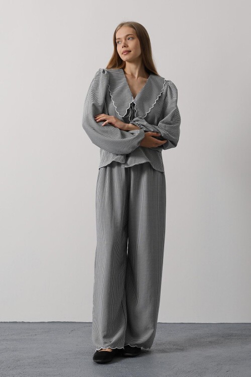 Siyah Uzun Kol Bağlamalı Gömlek Ve Pantolon