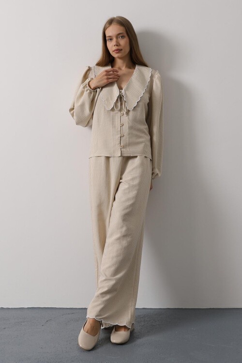 Taş Uzun Kol Bağlamalı Gömlek Ve Pantolon