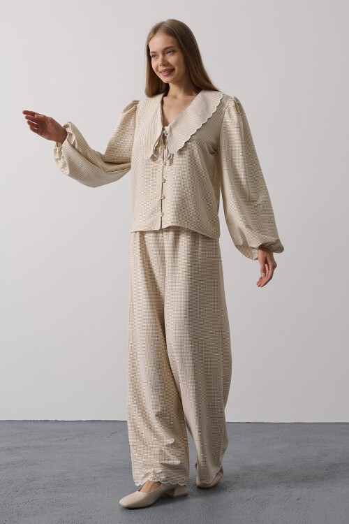 Taş Uzun Kol Bağlamalı Gömlek Ve Pantolon