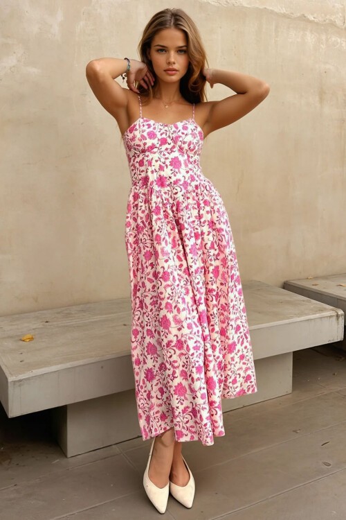 Pembe Kalp Yaka Çiçek Desenli İnce Askılı Kloş Elbise