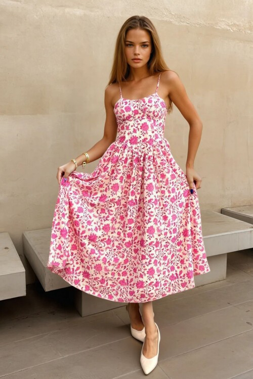 Pembe Kalp Yaka Çiçek Desenli İnce Askılı Kloş Elbise