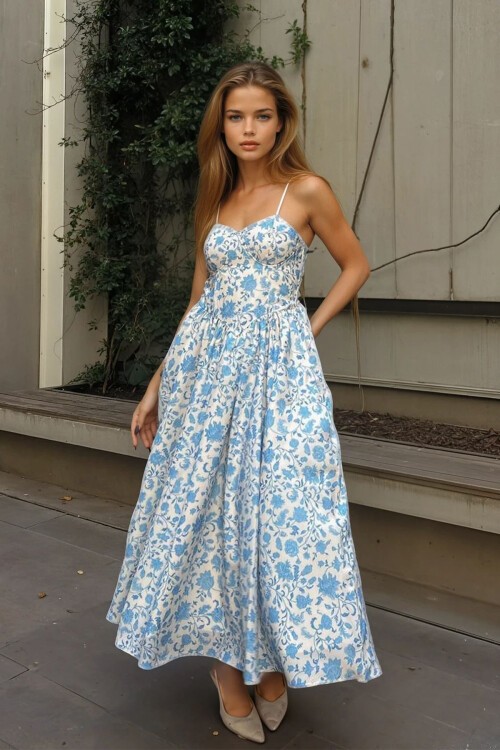 Mavi Kalp Yaka Çiçek Desenli İnce Askılı Kloş Elbise