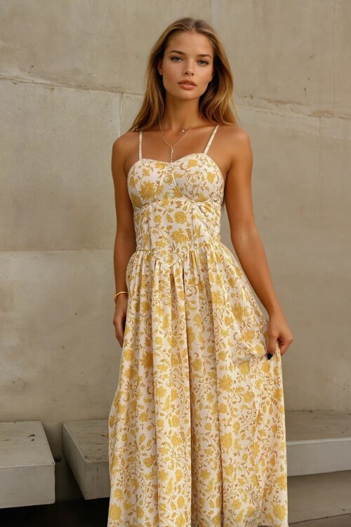 Sarı Kalp Yaka Çiçek Desenli İnce Askılı Kloş Elbise