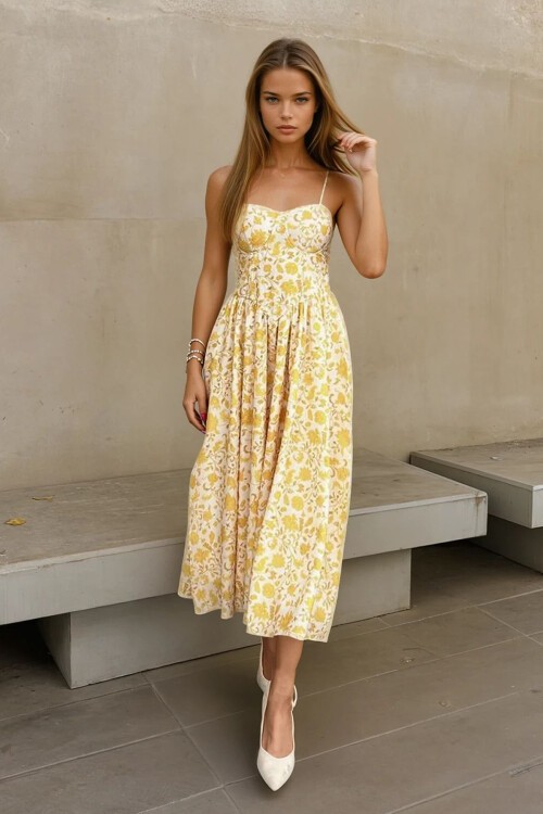 Sarı Kalp Yaka Çiçek Desenli İnce Askılı Kloş Elbise