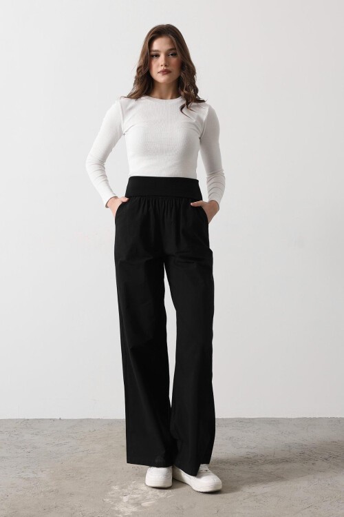 Siyah Çift Cepli Katlanabilir Bel Palazzo Pantolon