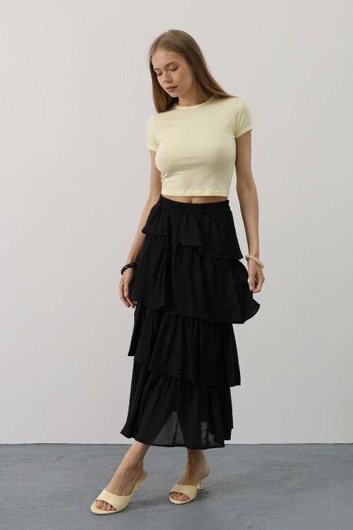 Siyah Beli Lastikli Katlı Kesim Uzun Etek