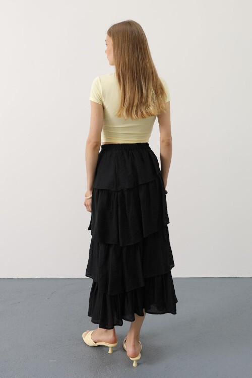 Siyah Beli Lastikli Katlı Kesim Uzun Etek