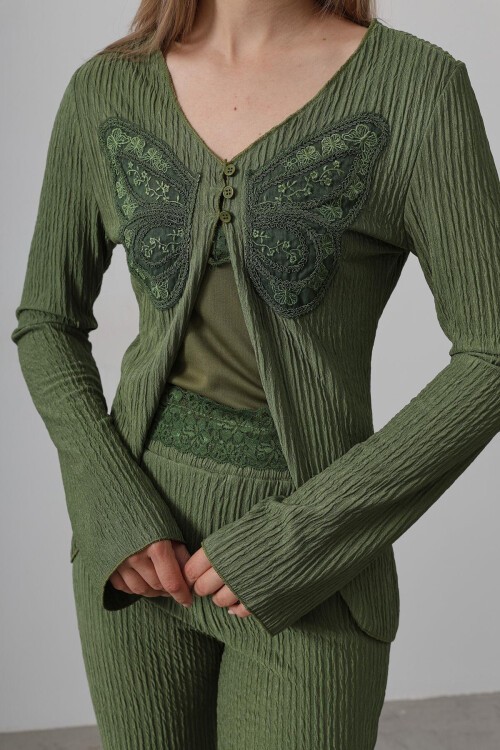 Haki Motifli Dantel İşlemeli Bluz Ve Pantolon Bürümcük Takım