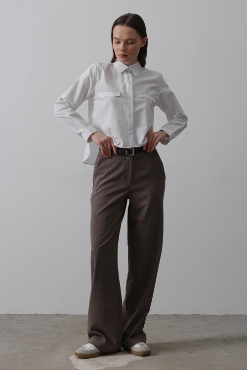 Kahve Çift Cepli Kemerli Palazzo Pantolon