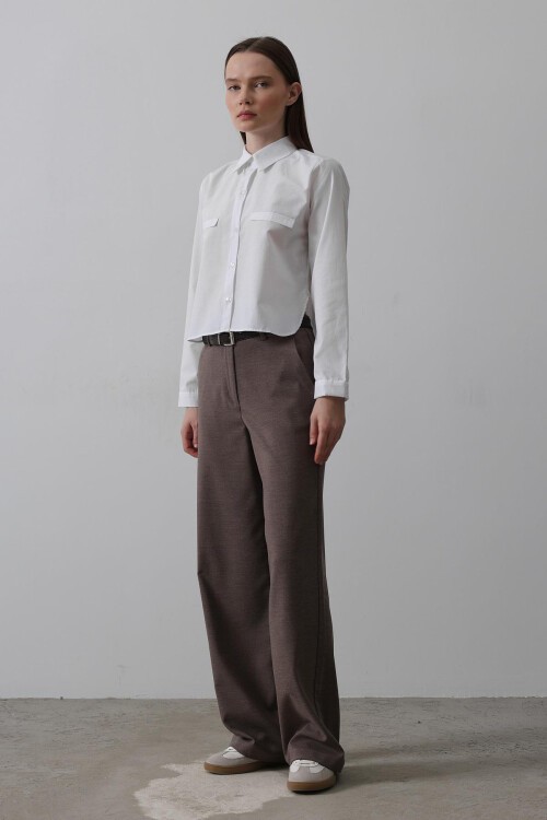 Kahve Çift Cepli Kemerli Palazzo Pantolon