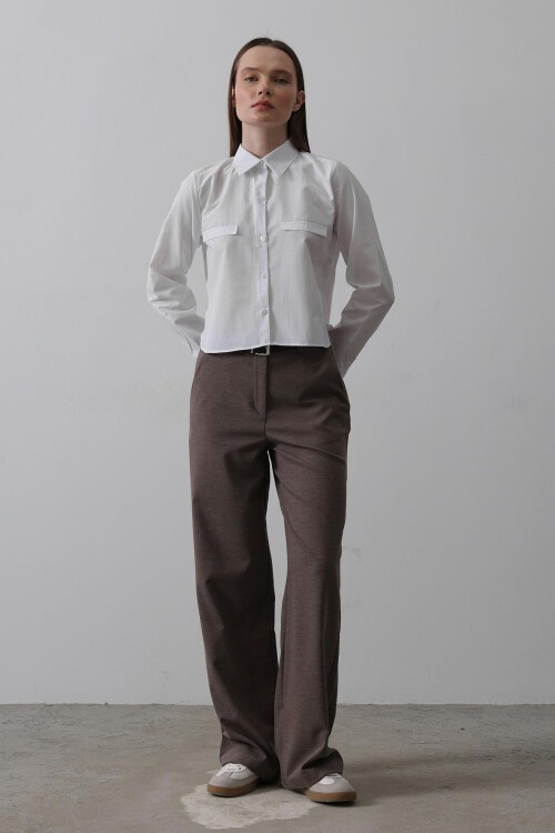 Kahve Çift Cepli Kemerli Palazzo Pantolon