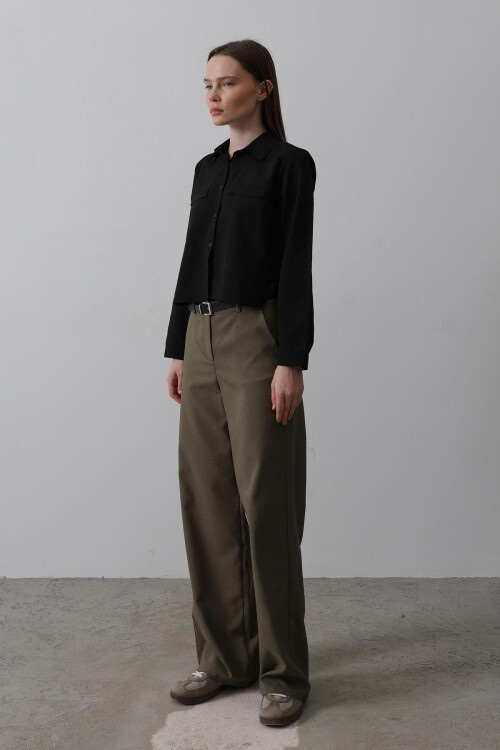 Haki Çift Cepli Kemerli Palazzo Pantolon