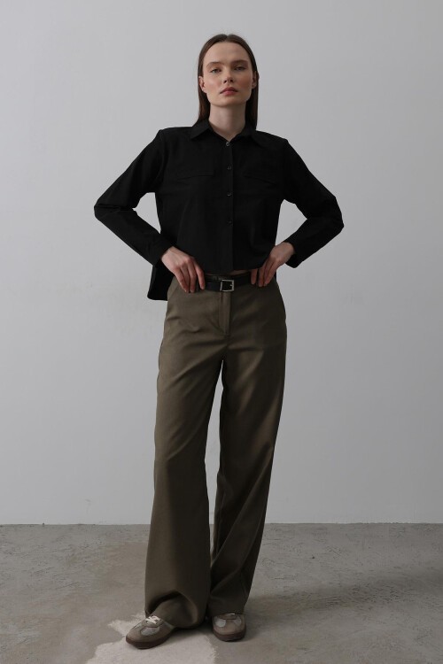 Haki Çift Cepli Kemerli Palazzo Pantolon