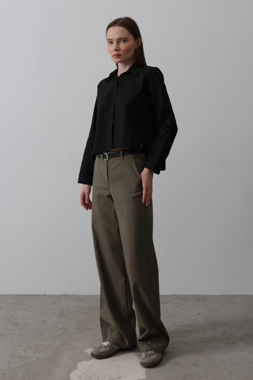 Haki Çift Cepli Kemerli Palazzo Pantolon