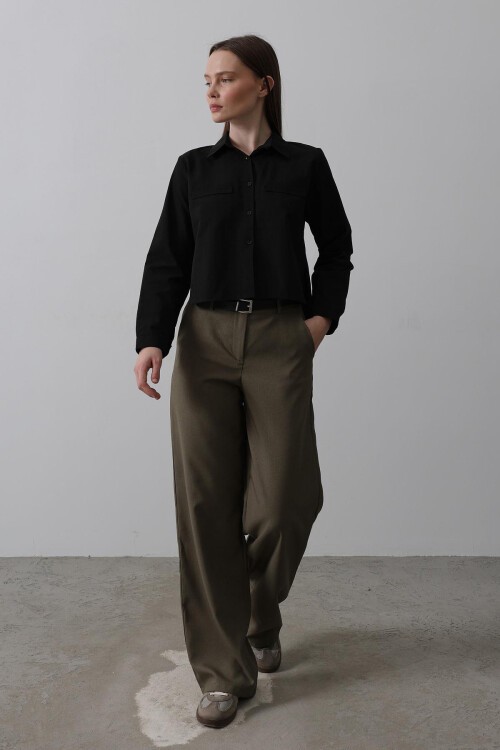 Haki Çift Cepli Kemerli Palazzo Pantolon