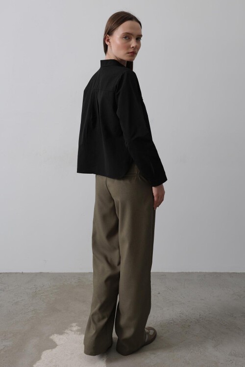 Haki Çift Cepli Kemerli Palazzo Pantolon