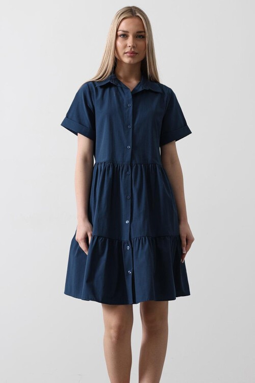 İndigo Gömlek Yaka Eteği Pileli Mini Boy Elbise