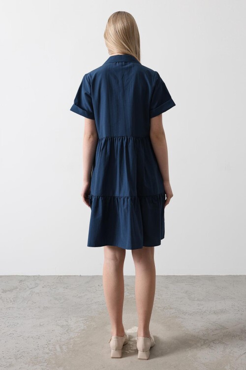 İndigo Gömlek Yaka Eteği Pileli Mini Boy Elbise