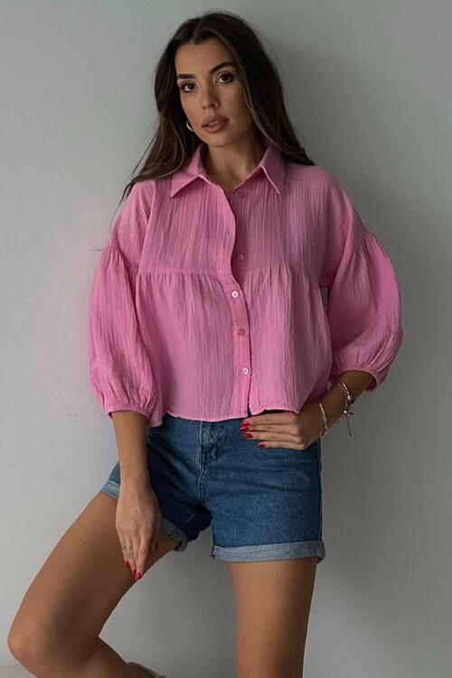 Pembe Kısa Kol Müslin Kumaş Premium Gömlek