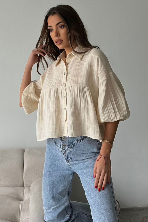 Krem Kısa Kol Müslin Kumaş Premium Gömlek