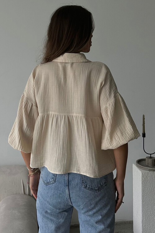 Krem Kısa Kol Müslin Kumaş Premium Gömlek