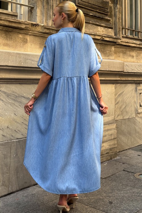 Açık Mavi Kısa Kollu Düğme Detaylı Midi Boy Gömlek Elbise