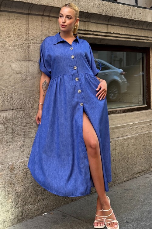 Koyu Mavi Kısa Kollu Düğme Detaylı Midi Boy Gömlek Elbise