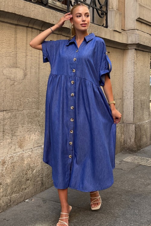 Koyu Mavi Kısa Kollu Düğme Detaylı Midi Boy Gömlek Elbise