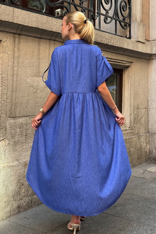 Koyu Mavi Kısa Kollu Düğme Detaylı Midi Boy Gömlek Elbise