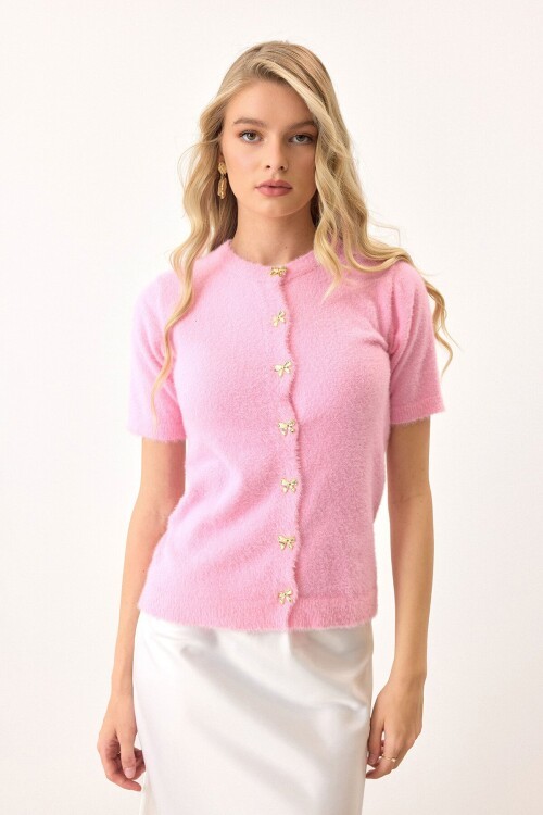 Pembe Kısa Kollu Düğmeli Triko Hırka
