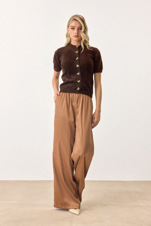 Acı Kahve Kısa Kollu Düğmeli Triko Hırka