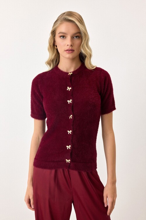 Bordo Kısa Kollu Düğmeli Triko Hırka